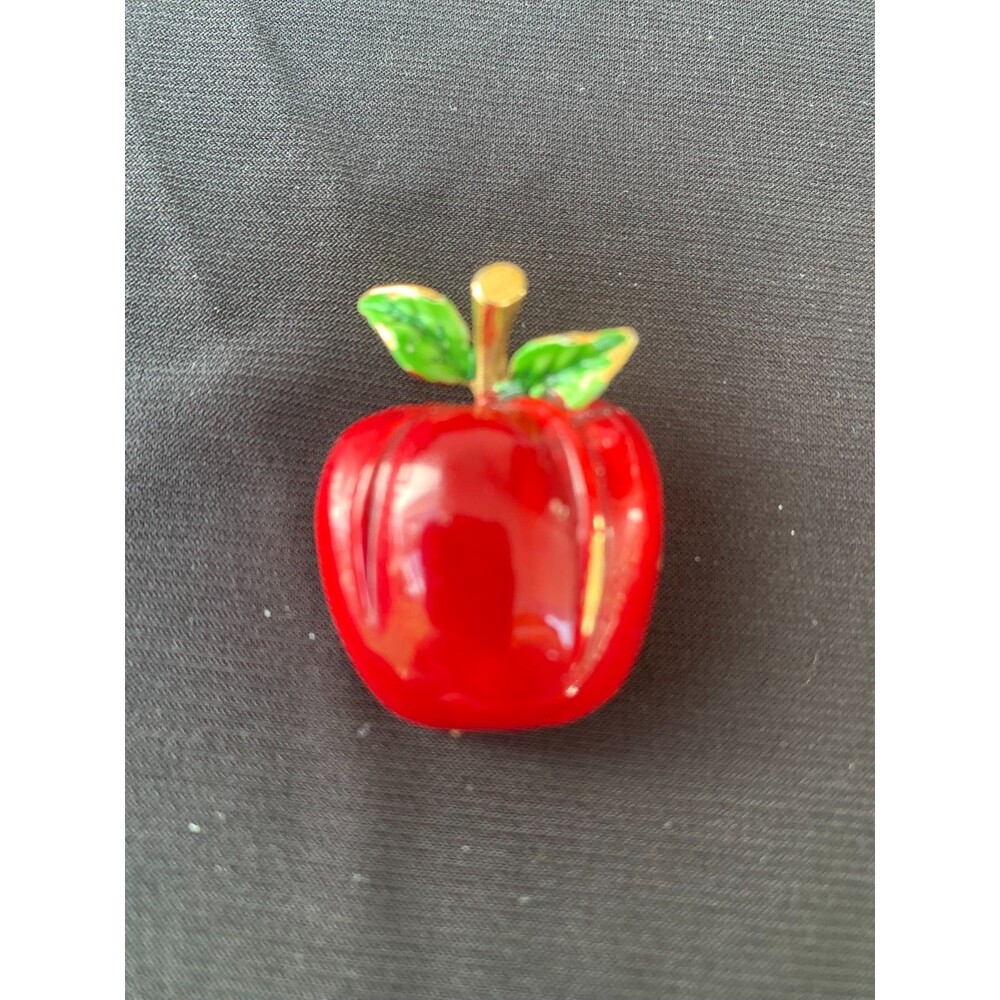 Vintage Enamel Brooch Apple Signed ART Red Green Fruit Food Figural  1"